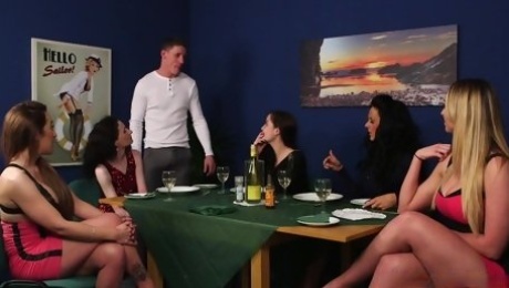 Slew of clothed ladies turn the tables on their male dinner host