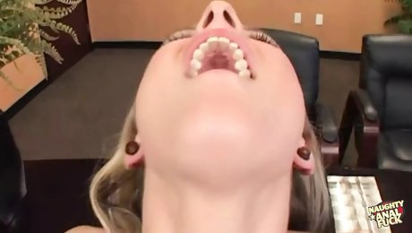 Offering to have intense anal sex and to deepthroat gets the blonde out of trouble