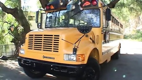 Blond chick gets banged from behind on her school bus